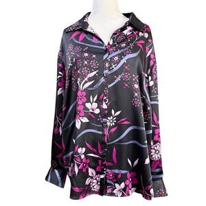 Style & Co 100% Silk Satin  Floral Button Down Blouse